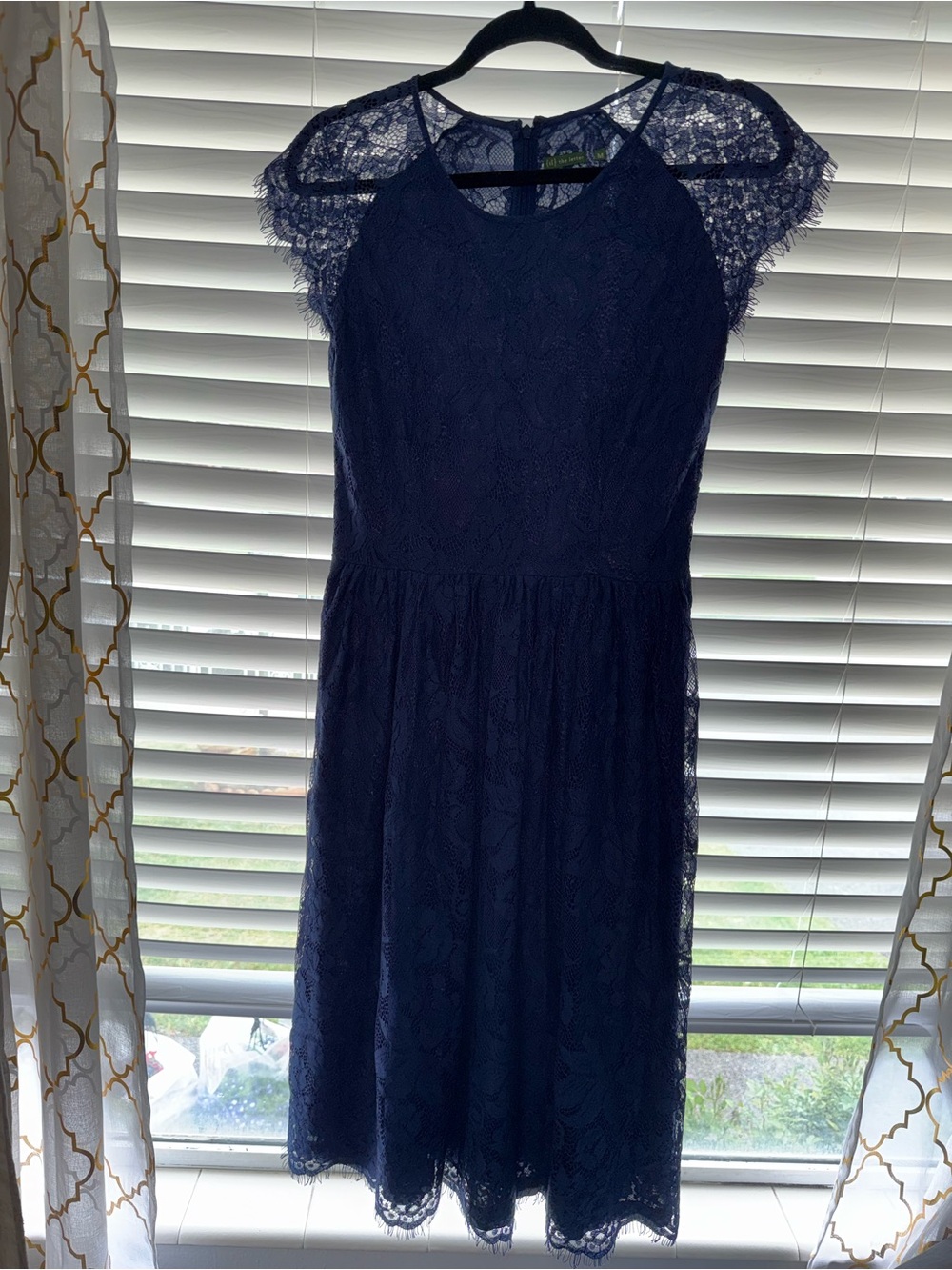 Navy Lace Cap Sleeve Midi Dress